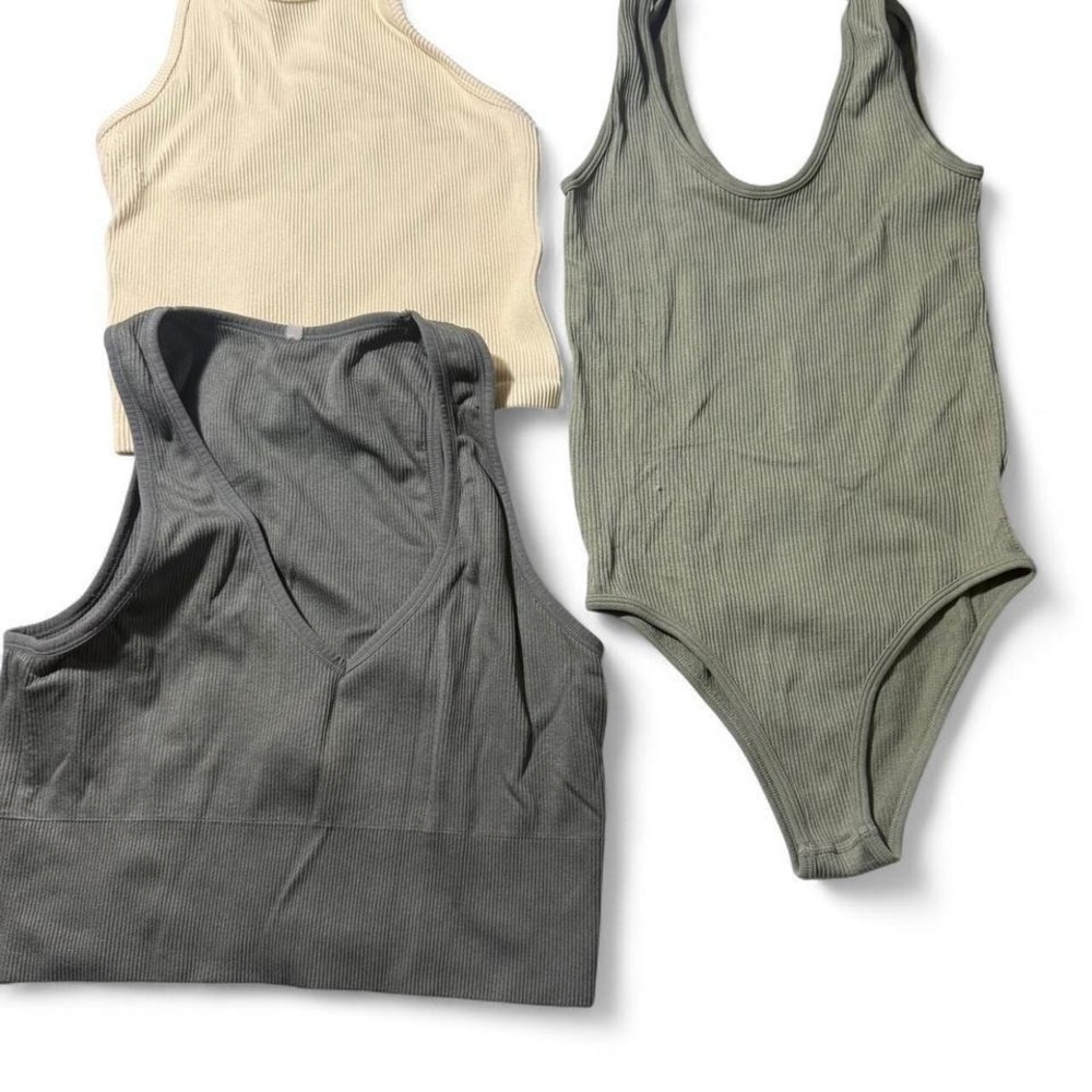 Ribbed Seamless Tank Bodysuit Set Cream Olive‎ Green Women's